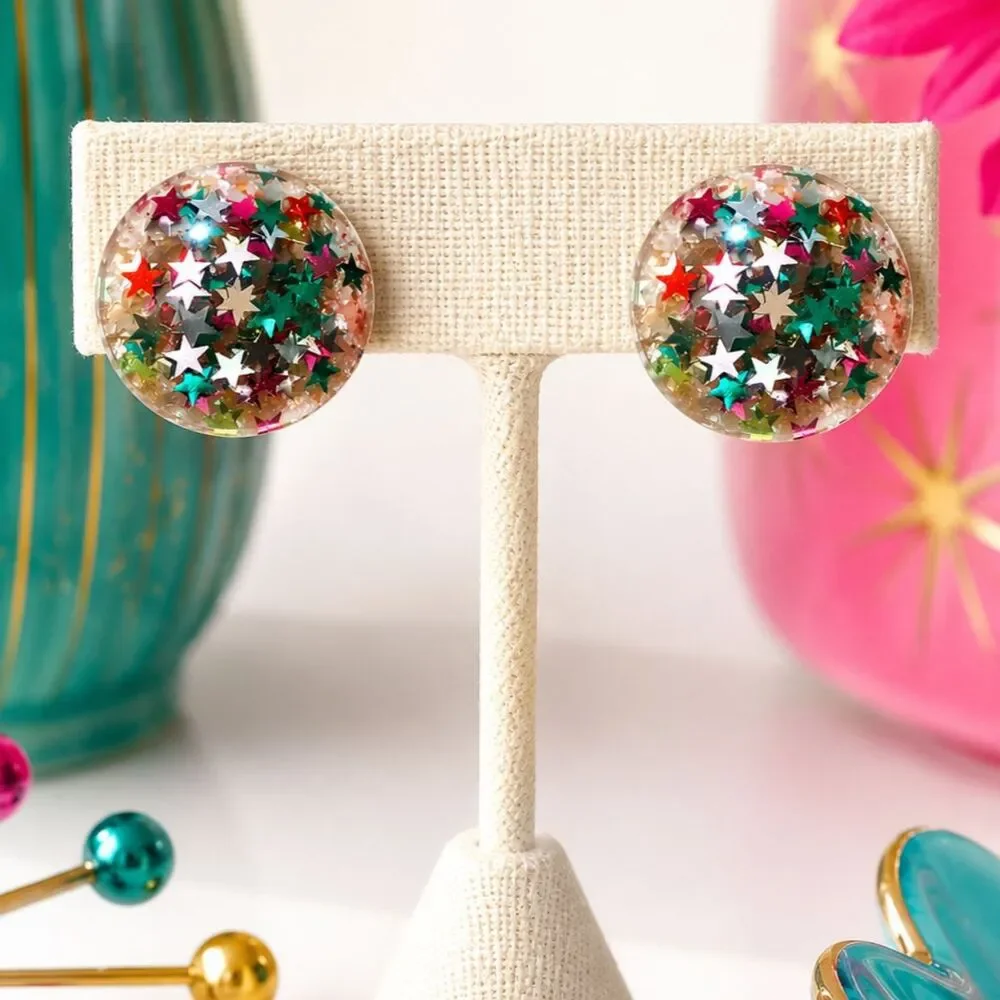 Vintage Mid Century Star Confetti Lucite Clip Earrings Colorful Retro 1960s